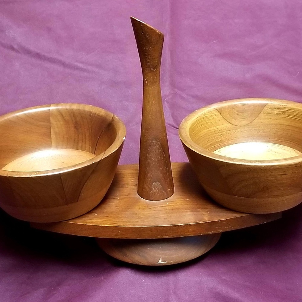 Vintage Solid Black Walnut Lazy Susan Serving Bowl